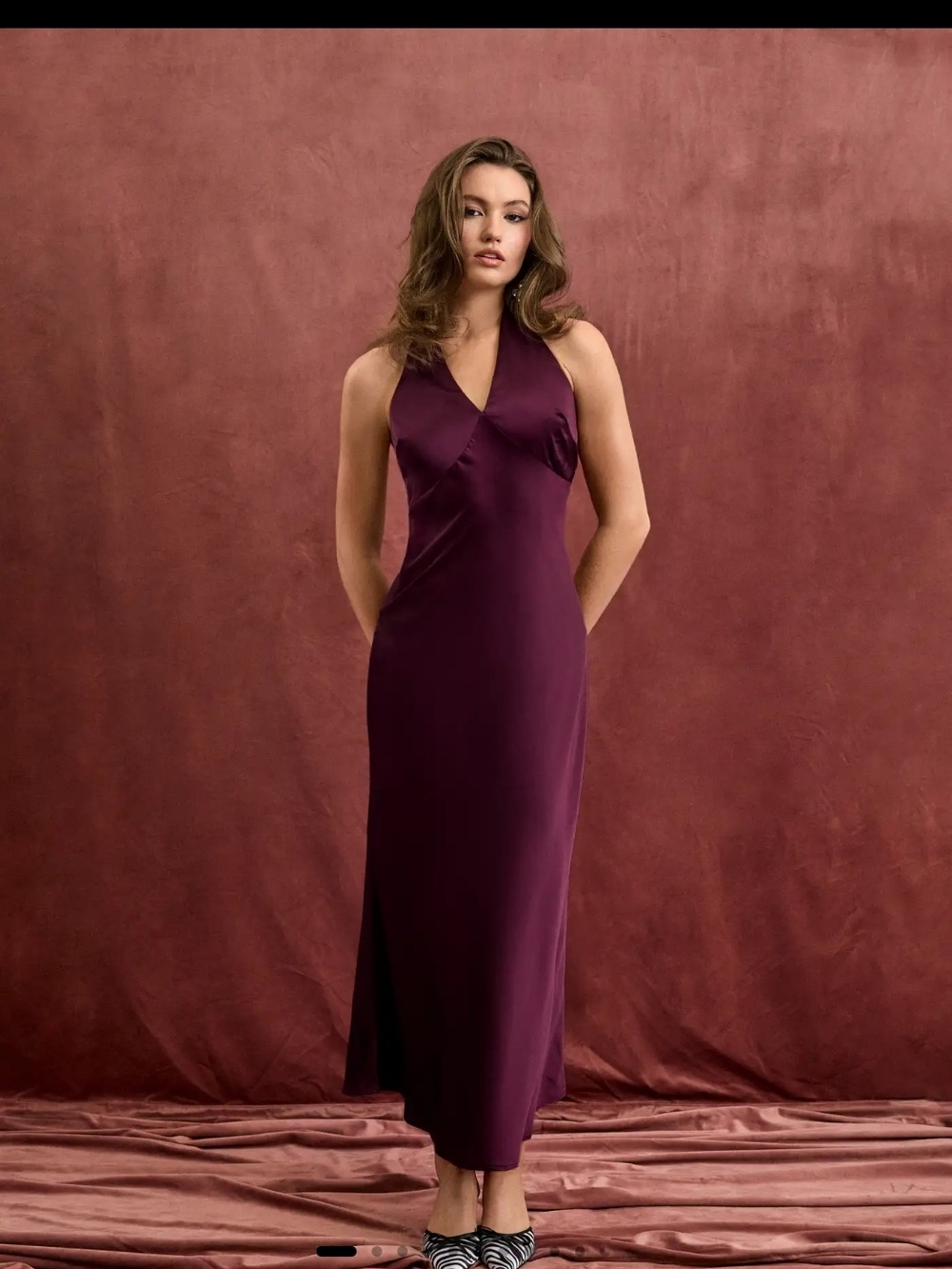 Cider Burgundy Halter Satin Maxi Dress